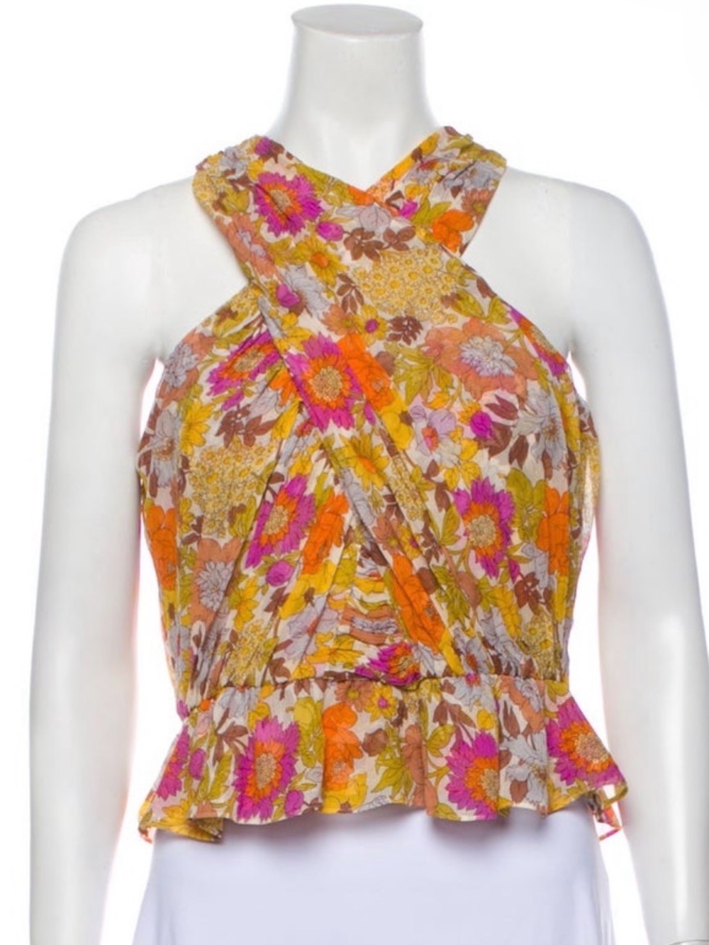 Veronica Beard Yellow Multi Floral Cross-Front Ruffle Silk Top Sz.4
